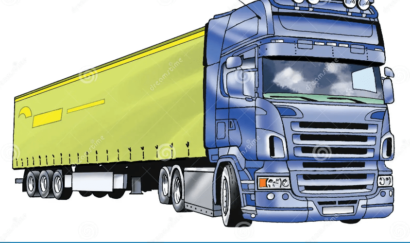 Un dessin représentant un énorme camion dont la cabine est toute bleue et l'arrière jaune.